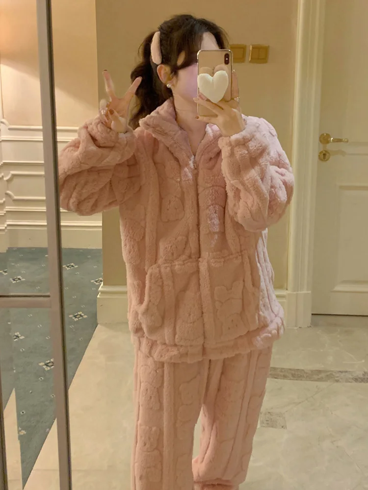 Bear New Home Soft Cute Solid Simple Stereoscopic Relief Winter Long Sleeve Pajama Set Women Quilted WarmThicken Sleepwear Ins