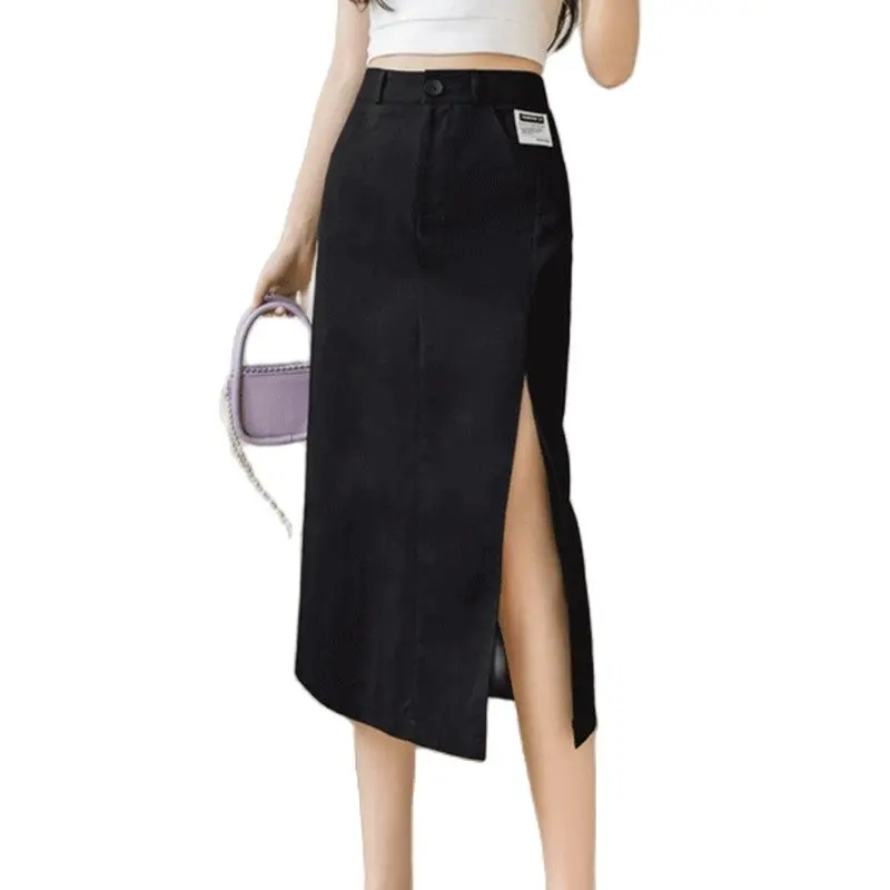 Seoulish 2021 New Cotton Women's Long Skirt High Wasit Pencil Skirt Female Straight Side Split A-line Wrap Skirts Spring Summer