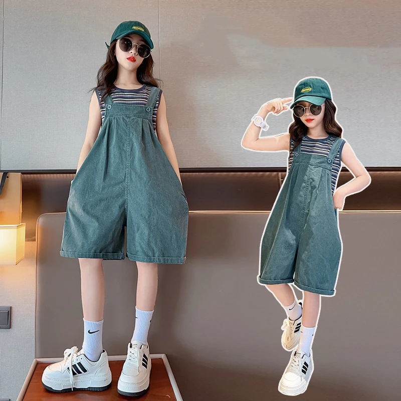 New 2026 Trendy Outfit Girls Summer Striped Tank Top And Overalls Two-Piece Set Fashion Children's Clothing for Kids 2-14Years