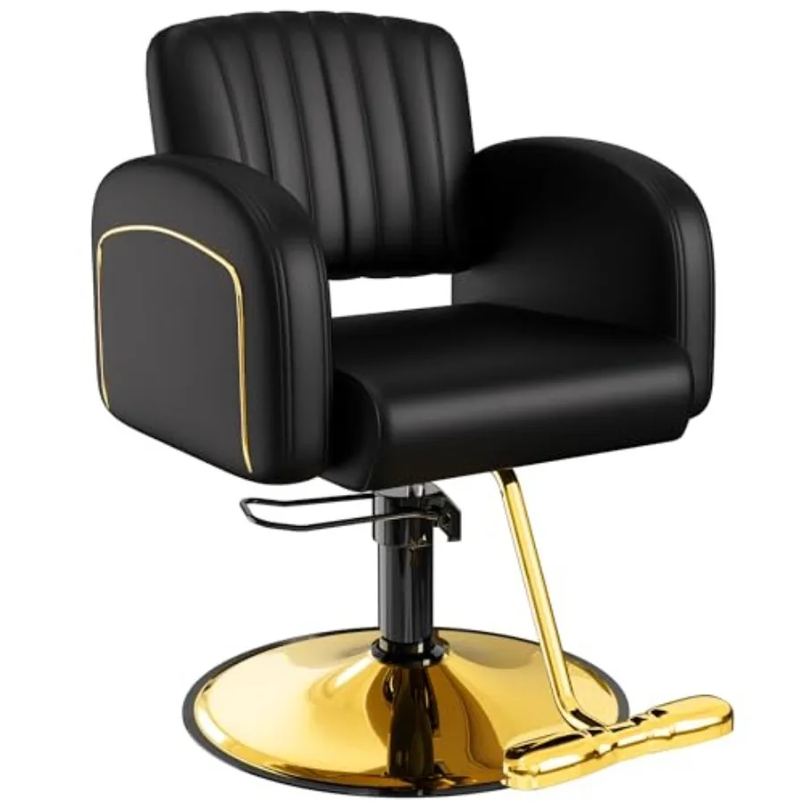 

Professional Black and Gold Salon Chair, Luxury Hydraulic Styling Chair with Soft PU Leather, High-Density Foam Cushion, 360° S