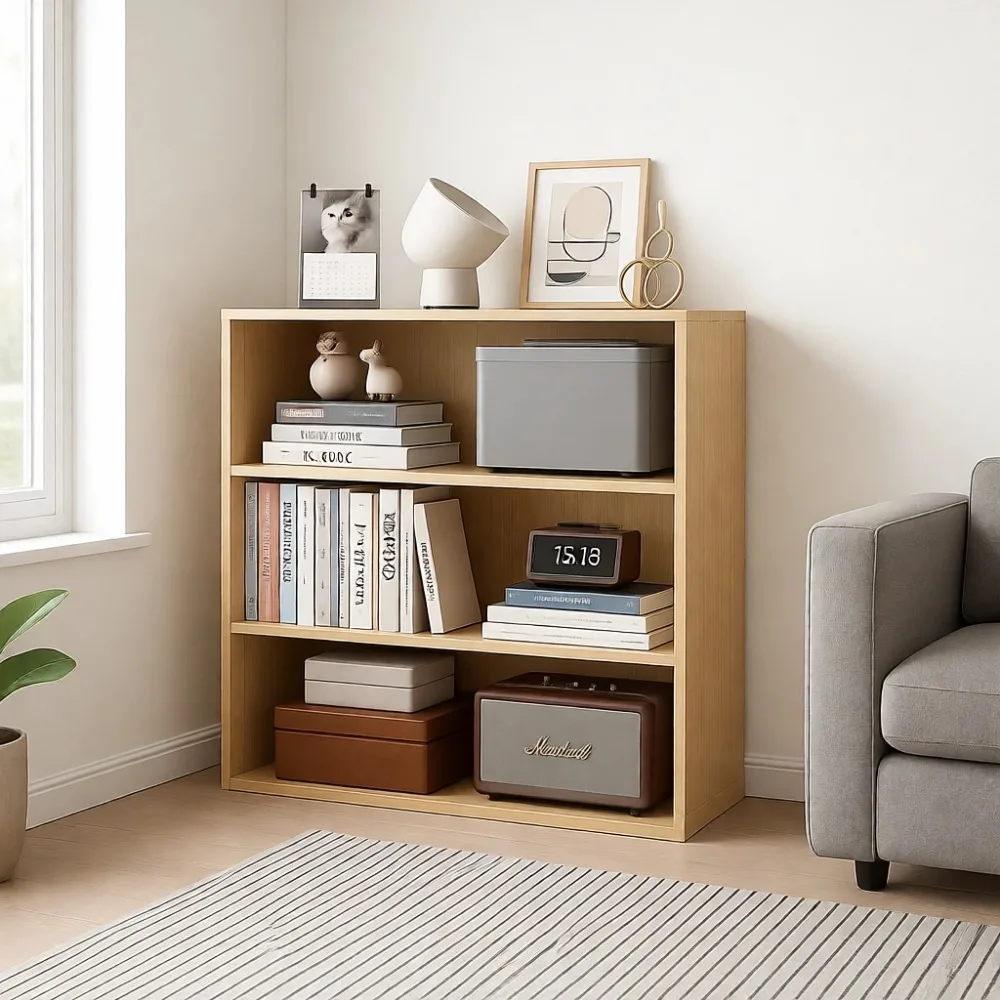 

Трехуровневая деревянная открытая книжная полка-органайзер в дубовой отделке