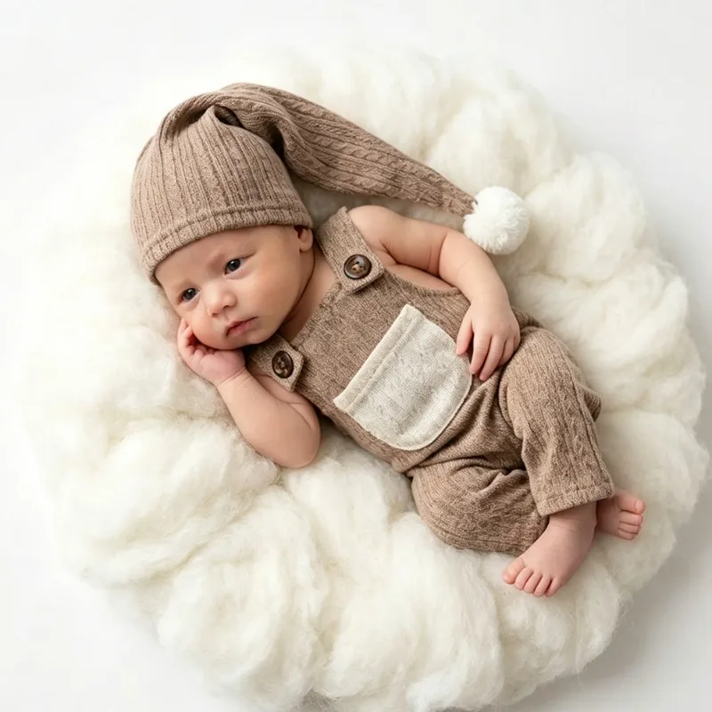2Pcs Soft Knit Newborn Photography Props Set Pom Pom Sleeping Cap & Pocket Overalls Infant Baby Photo Shoot Outfit Accessories image 4