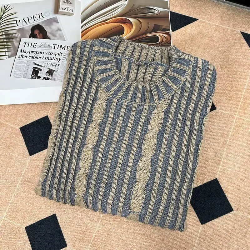 스트라이프 크로셰 니트 스웨터 남성 가을 겨울 크루넥 풀오버 니트웨어 스트리트웨어 트렌디 패셔너블 스웨터 남성용 저지