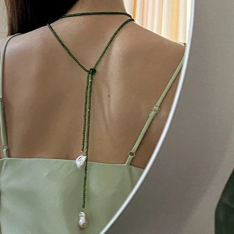 Vintage Alien Irregular Baroque Pearl Pendant Necklace for Women New Trend Green Crystal Bead Long Necklace Charm Jewelry Gift