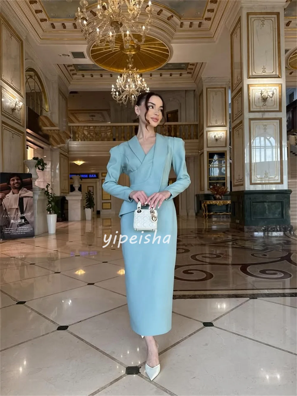 Индивидуальные современные стильные элегантные трикотажные платья с рюшами и драпировкой, прямые платья до щиколотки с v-образным вырезом, платья на заказ, модные ретро-платья