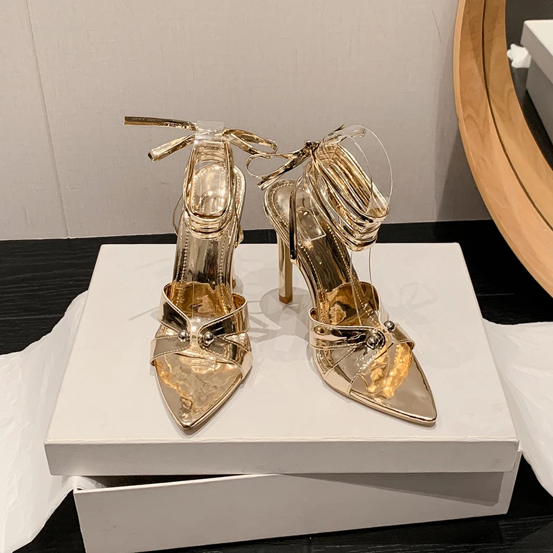 

Sexy Ankle Strap Gold Sandals For Women Party Nightclub Stripper Heels High Quality Crystal Rivet Pointed Peep Toe Wedding Shoes