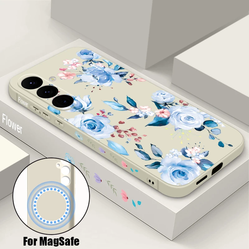 Blue Flowers Pattern Magnetic Phone Case For Samsung Galaxy S26 S25 S24 S22 Ultra S23 Plus S25 S24 S21 FE Lanyard Soft TPU cover