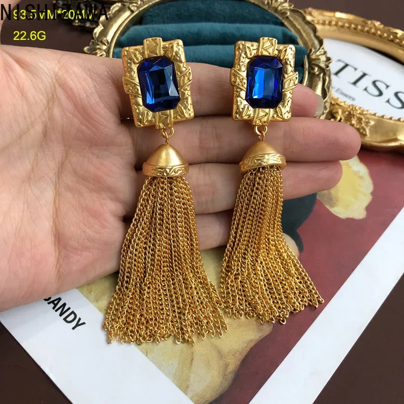 Long Tassels Clip Earrings for Women Gold Plated Palace Style Gemstones Jewelry Vintage Fashion Pendientes Mujer