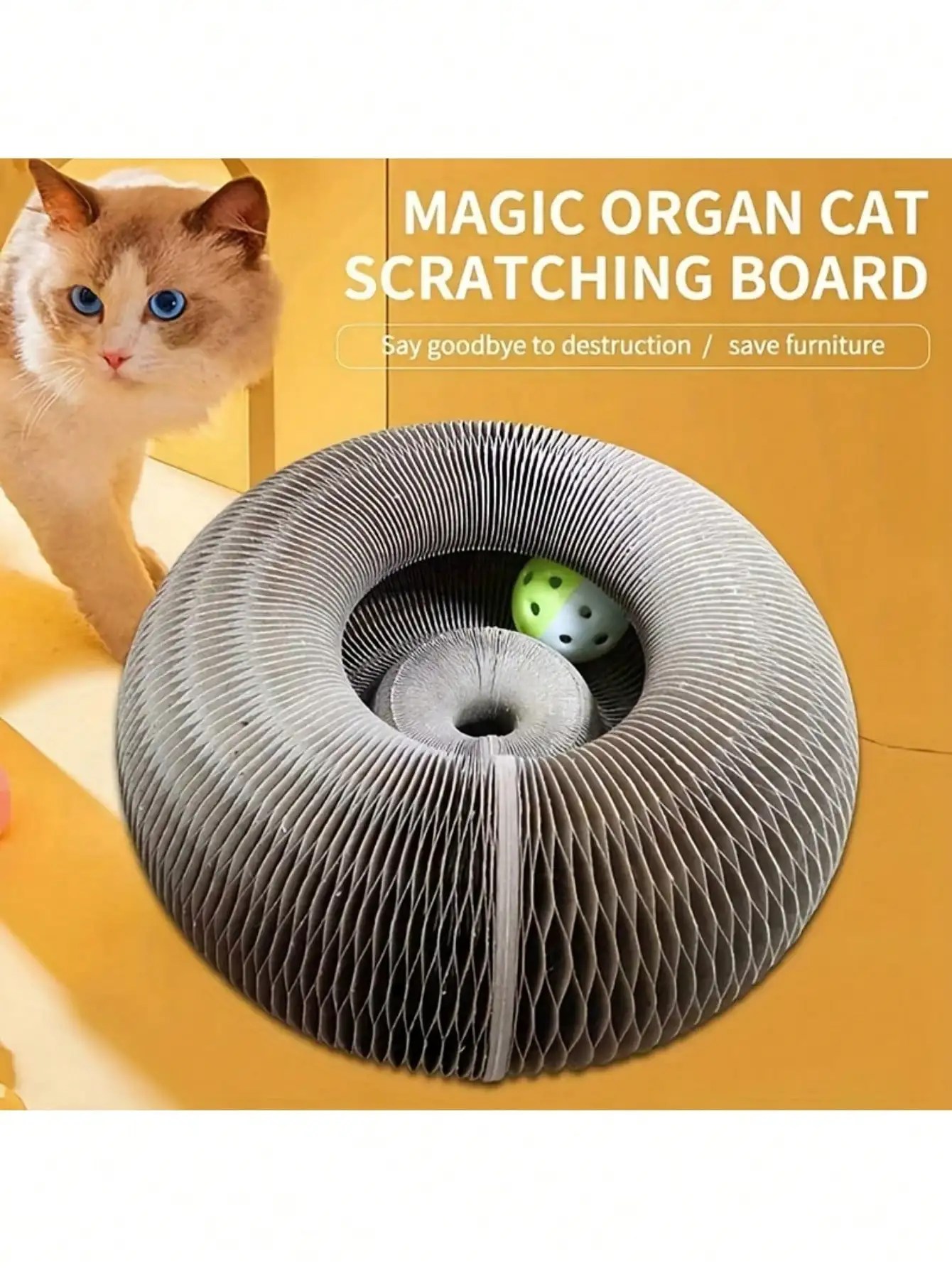 Accordion Cat Scratching Board. Durable corrugated paper. Strong magnet. Collapsible. With random color bell ball.