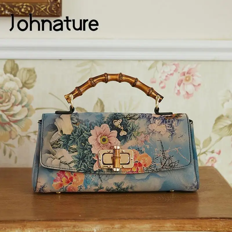 Johnature Cheongsam Leather Handbag 2024 New Vintage Print Women Bag Handmade Elegan Ladies Shoulder & Crossbody Bags