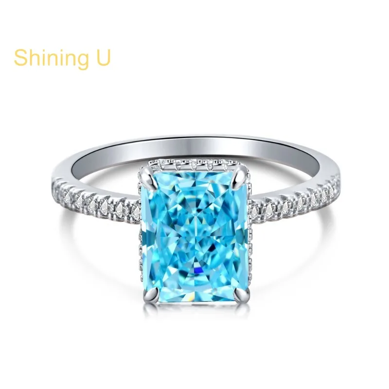 

Shining U 925 Sterling Silver Blue Green Rectangle High Carbon Diamond Gems Ring for Women Fine Jewelry Summer