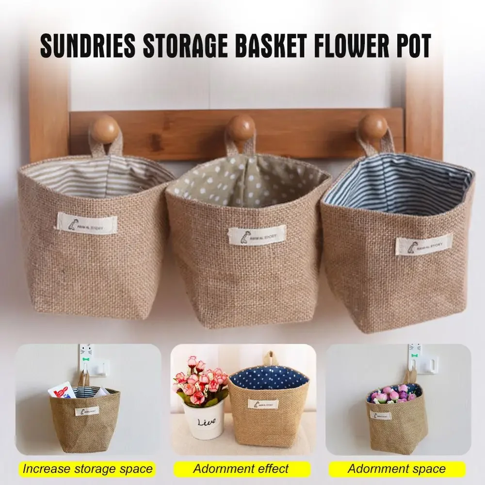 Home Decor Hanging Pocket Storage Basket Small Sack Sundries Cosmetic Organizer Cotton Linen Bag Jute Cotton Linen Sundries