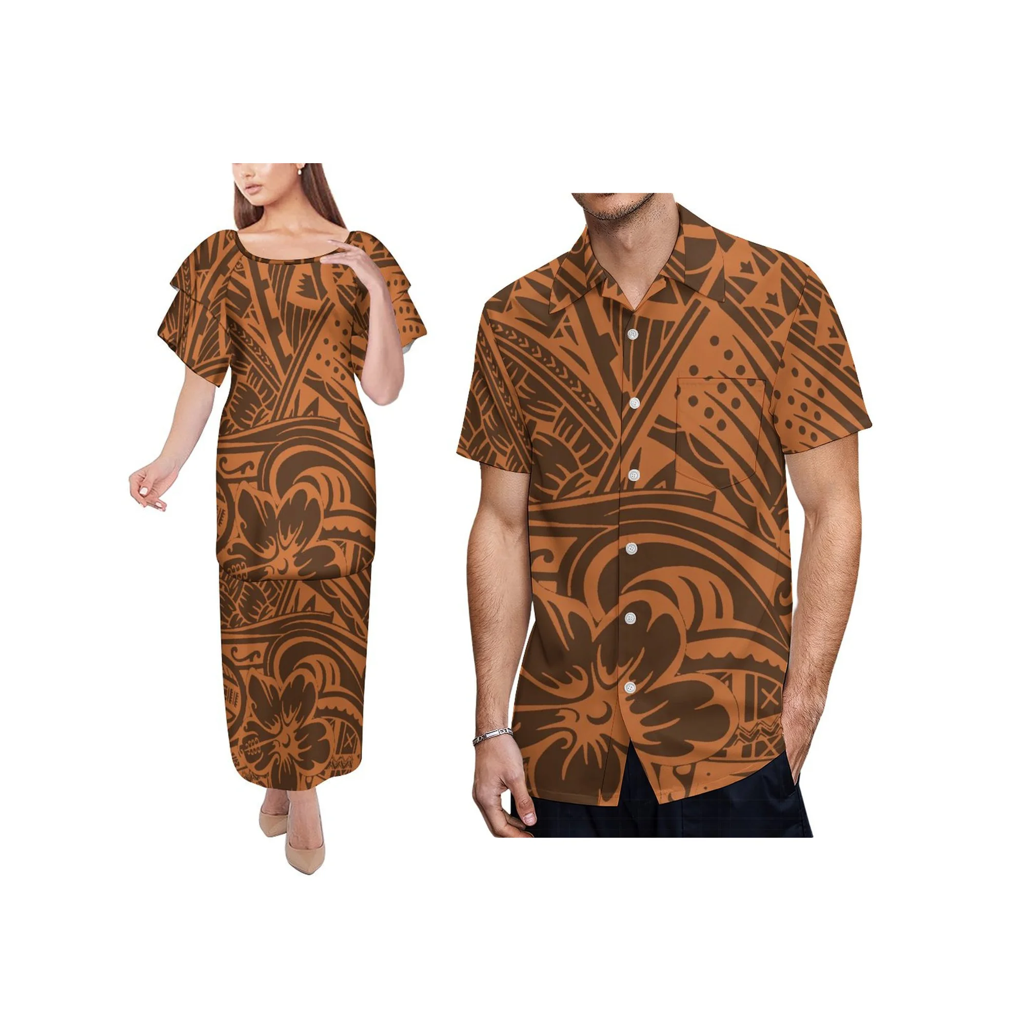 폴리네시아 Puletasi 부족 가족 의류 플러스 사이즈 Puletasi 세트 셔츠 커플 매칭