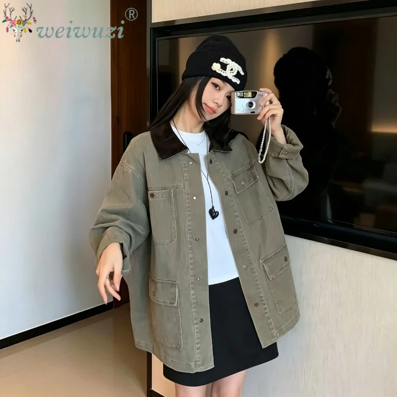 Women American Retro Lapel Washed Workwear Jacket Autumn Multi Pocket Barn Style Loose Casual Denim Coat Streetwear Daily Wear