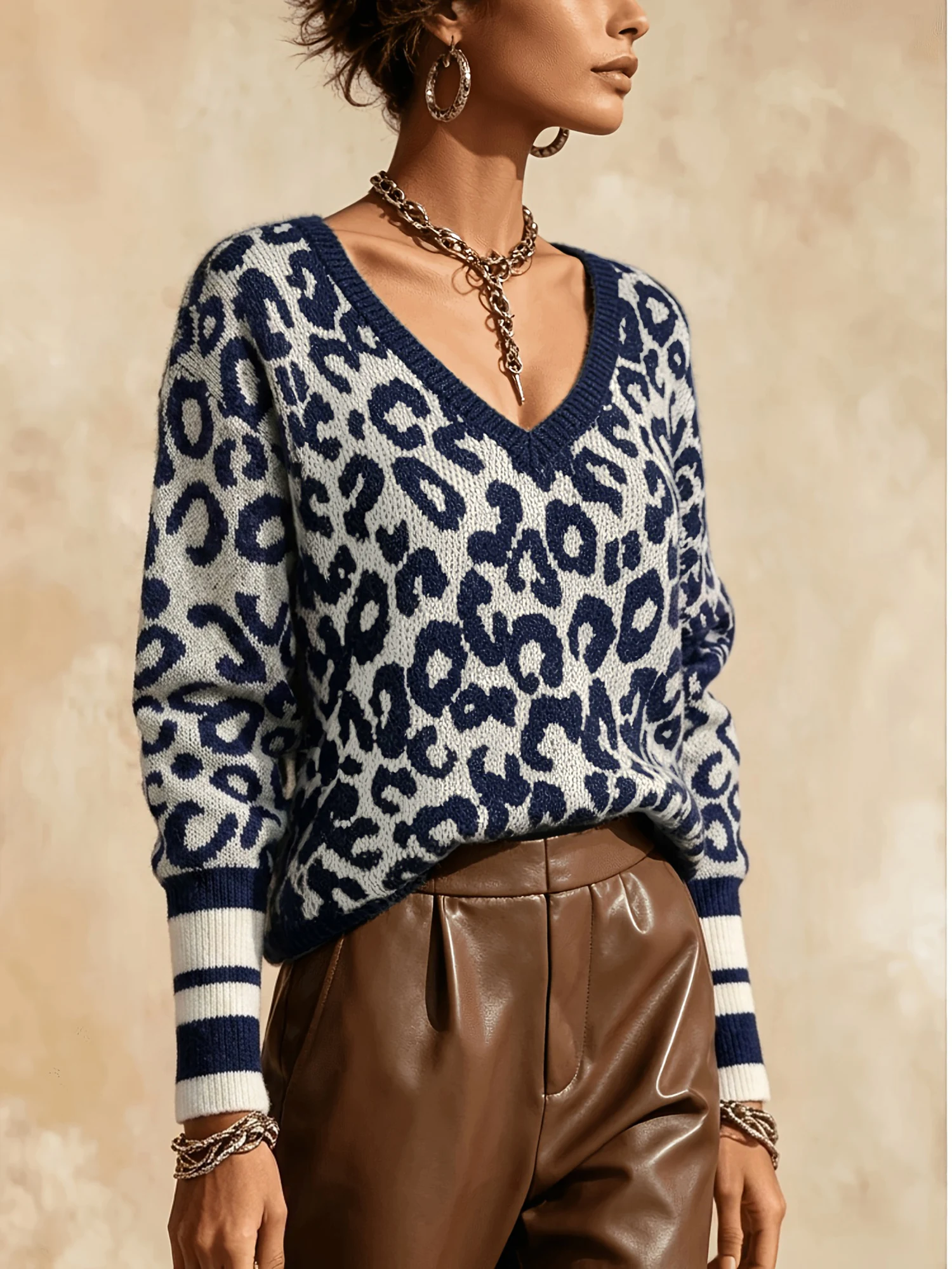 Women Navy Blue Leopard Print V Neck Knit Sweater, Striped Cuff Long Sleeve Loose Pullover, Autumn Winter Casual Streetwear