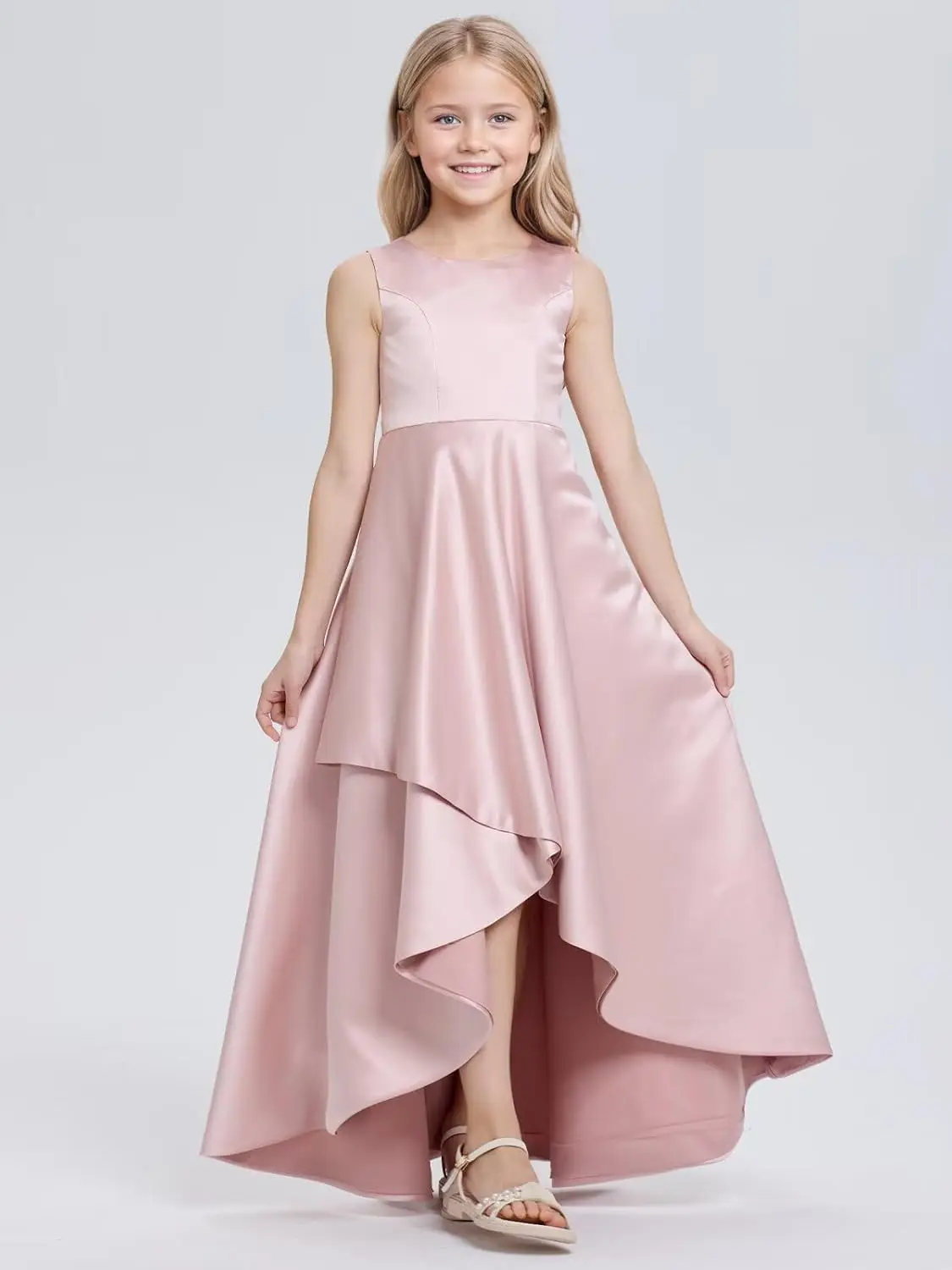 Uma linha de cetim vestido da menina de flor alta baixa pageant vestidos para meninas cetim festa comunhão bailes vestidos de baile com cinto