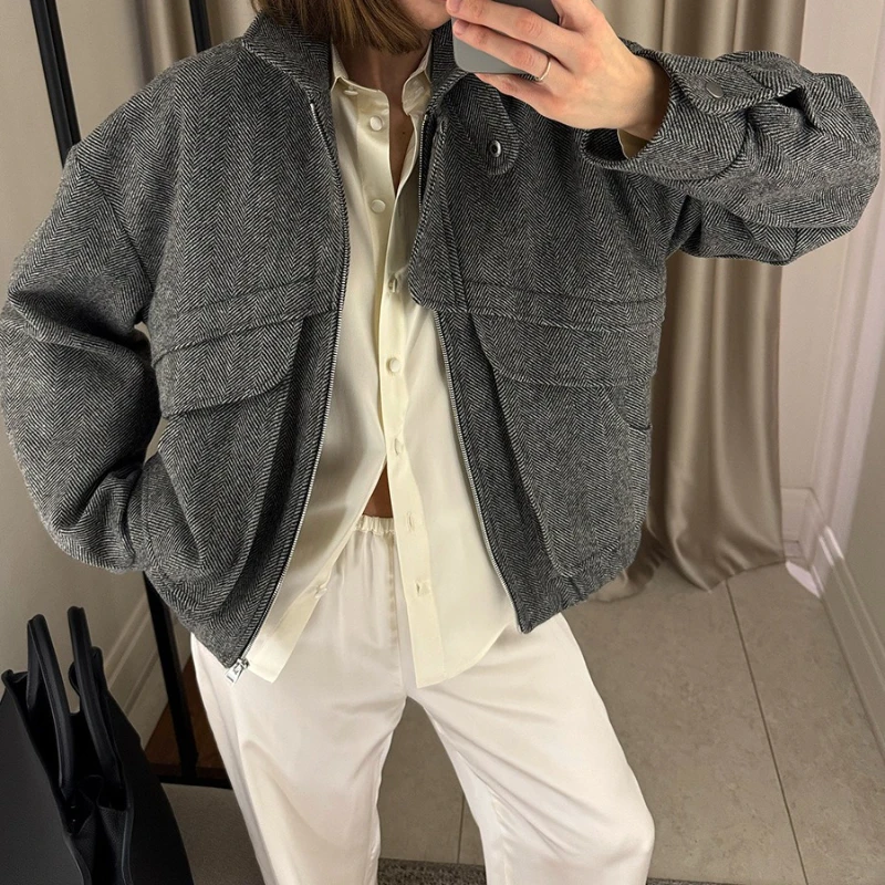 

Grey Zipper Outwear Jackets Ladies Solid Loose Patchwork High Waist Short Top Coat Streetwear Women's Y2k Jackets Autumn 2025