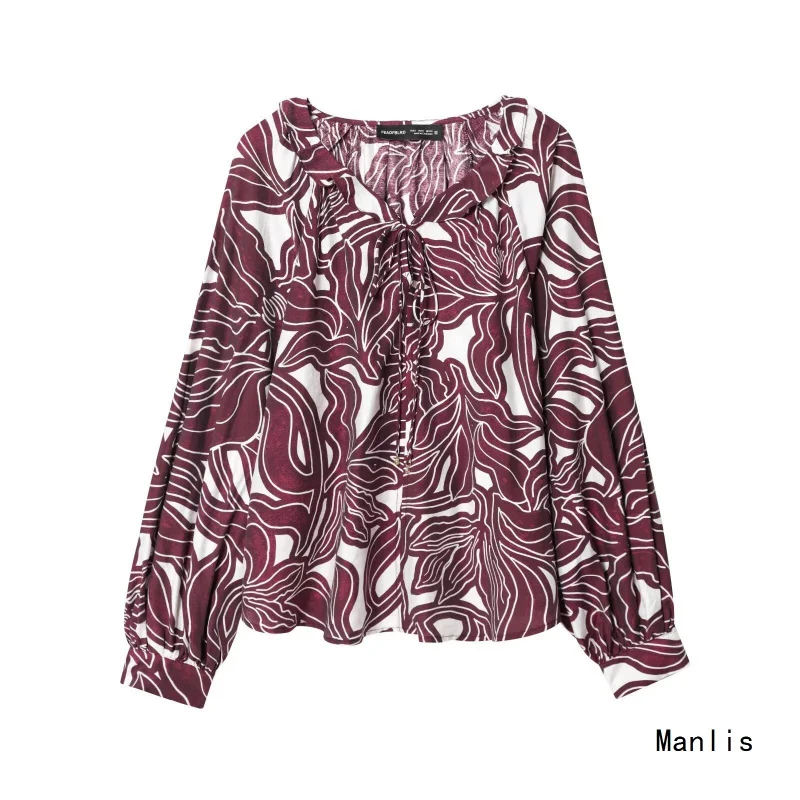 

Европейский и американский стиль2025Новая модная элегантная женская блузка с длинным рукавом и рюшами на воротнике