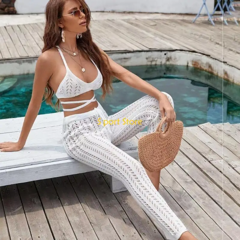 U2JB Womens Hollow out Long Pants Lace-Crochet Halter-Bra Top Sexy Two Pieces Outfits