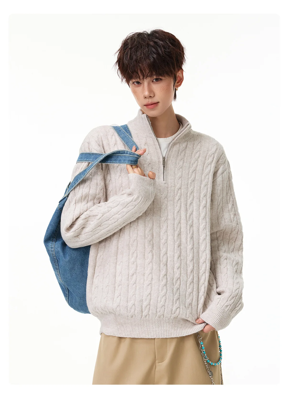 Casual Retro Zipper Half-Turtleneck Sweater Men Loose-Fit Textured Pullover Knit Jacket Autumn Winter.
