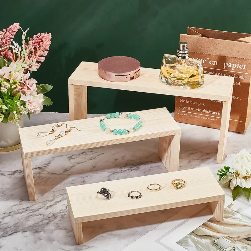Rectangle Wood Jewelry Display Risers, Wood Shelf Showcase Fixtures Detachable Display Stand for Crafts