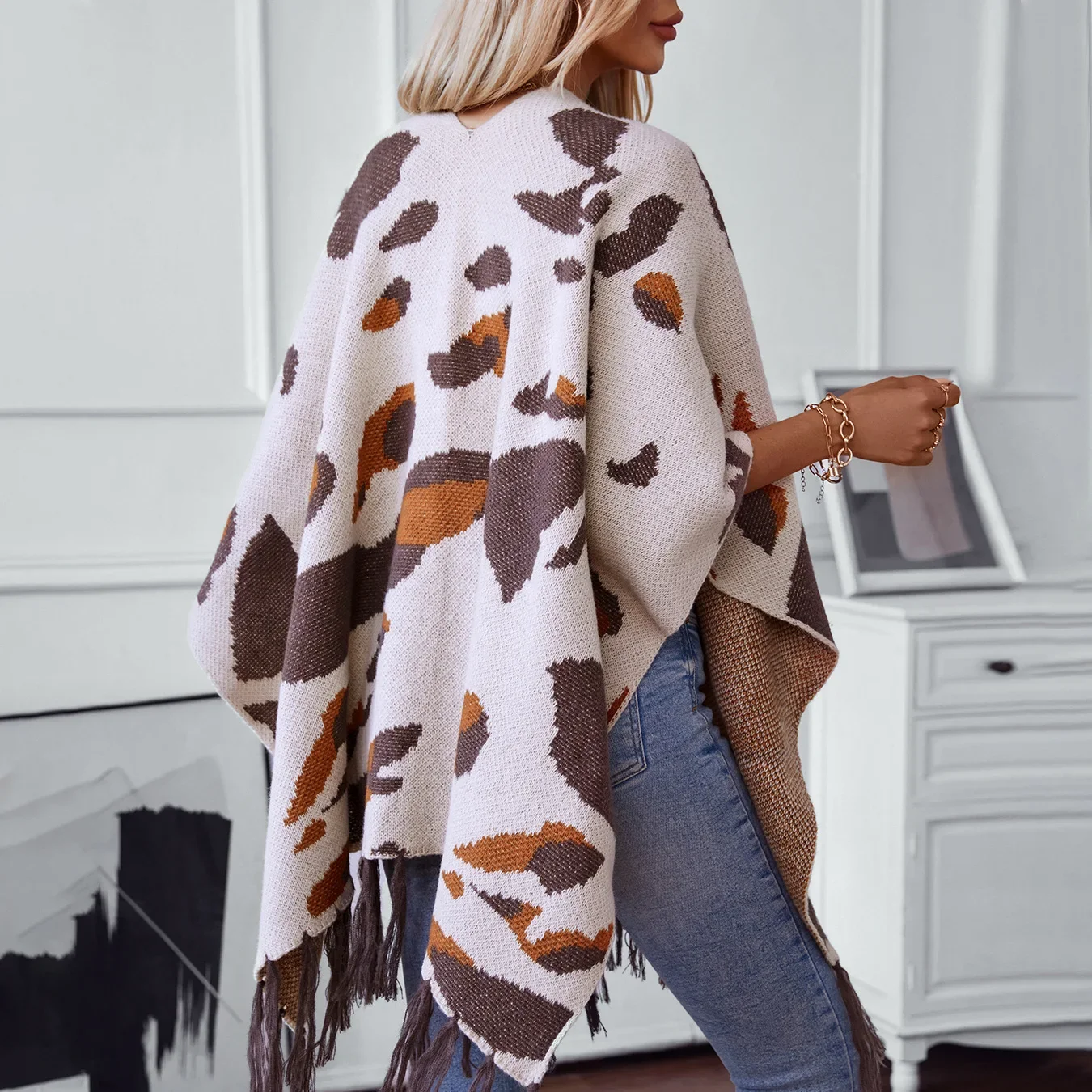 Dames Sjaal Capes Luipaard Print Gebreide Kwastje Poncho 'S Mantel Losse Casual Elegante Splice Jas Herfst Winter Open Steek