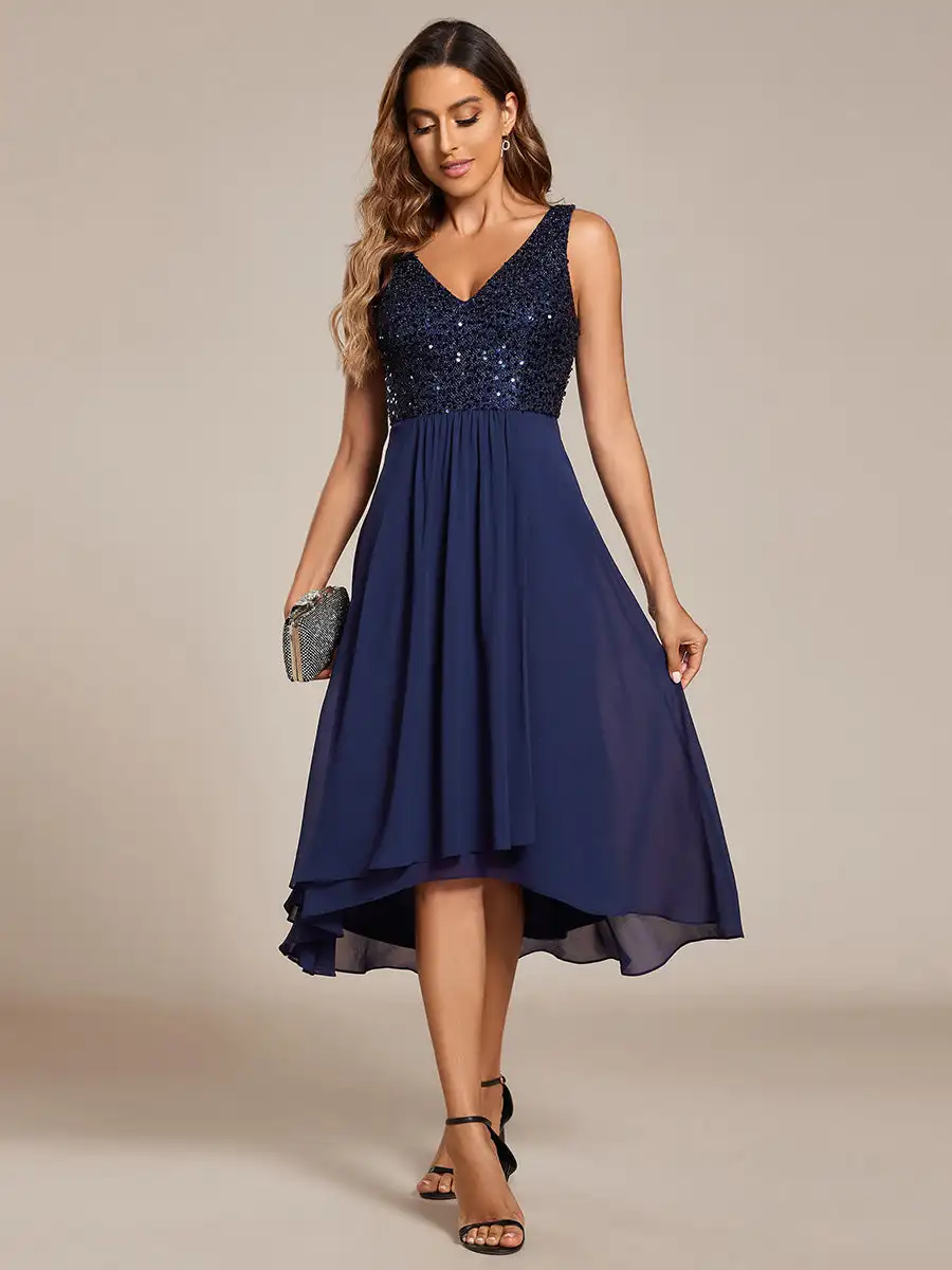 Elegant Evening Dress Deep V-Neck Sleeveless Sequin Bodice Midi Length 2024 Ever Pretty of Chiffon Navy Blue Wedding Guest Dress