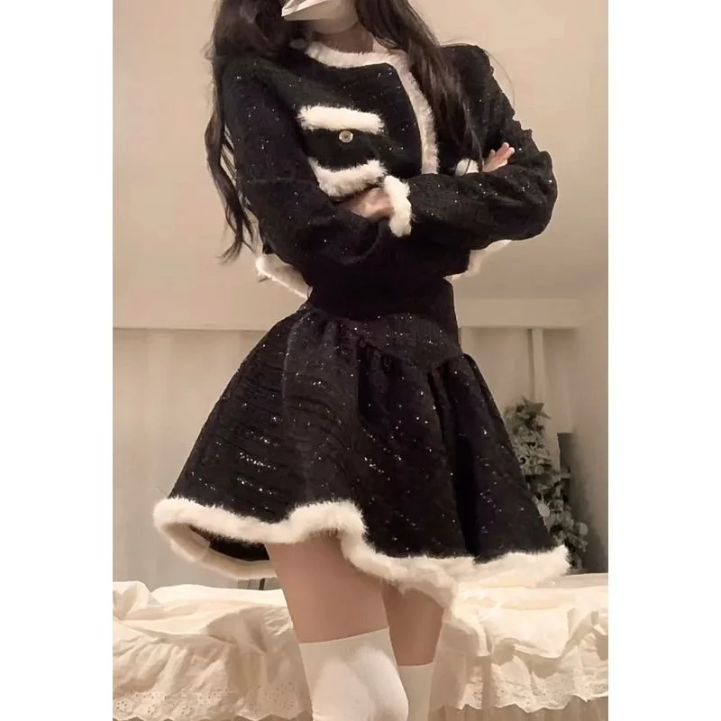 Hikigawa Chic Fashion Sweet Women Knitted Jacket+Slim All Match Fluffy Patchwork Mini Skirts Early Autumn New 2 Set Ropa Mujer