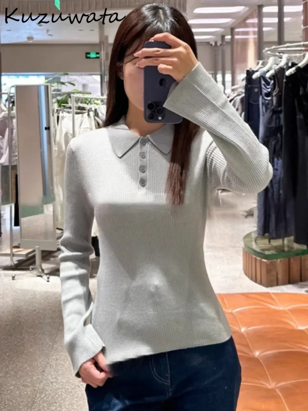 Kuzuwata Simple Slim Fit Turn-down Collar Flare Sleeve Sweaters Knit All-match Solid Pullover Japan New Fresh Fashion Pull Femme