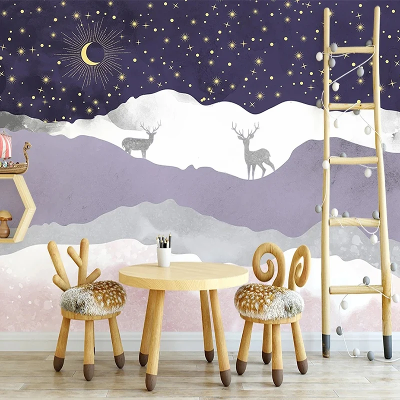 

Custom Mural Wallpaper Hand Painted Nordic Elk Starry Sky Wall Painting Children's Bedroom Home Decor Papel De Parede Murals