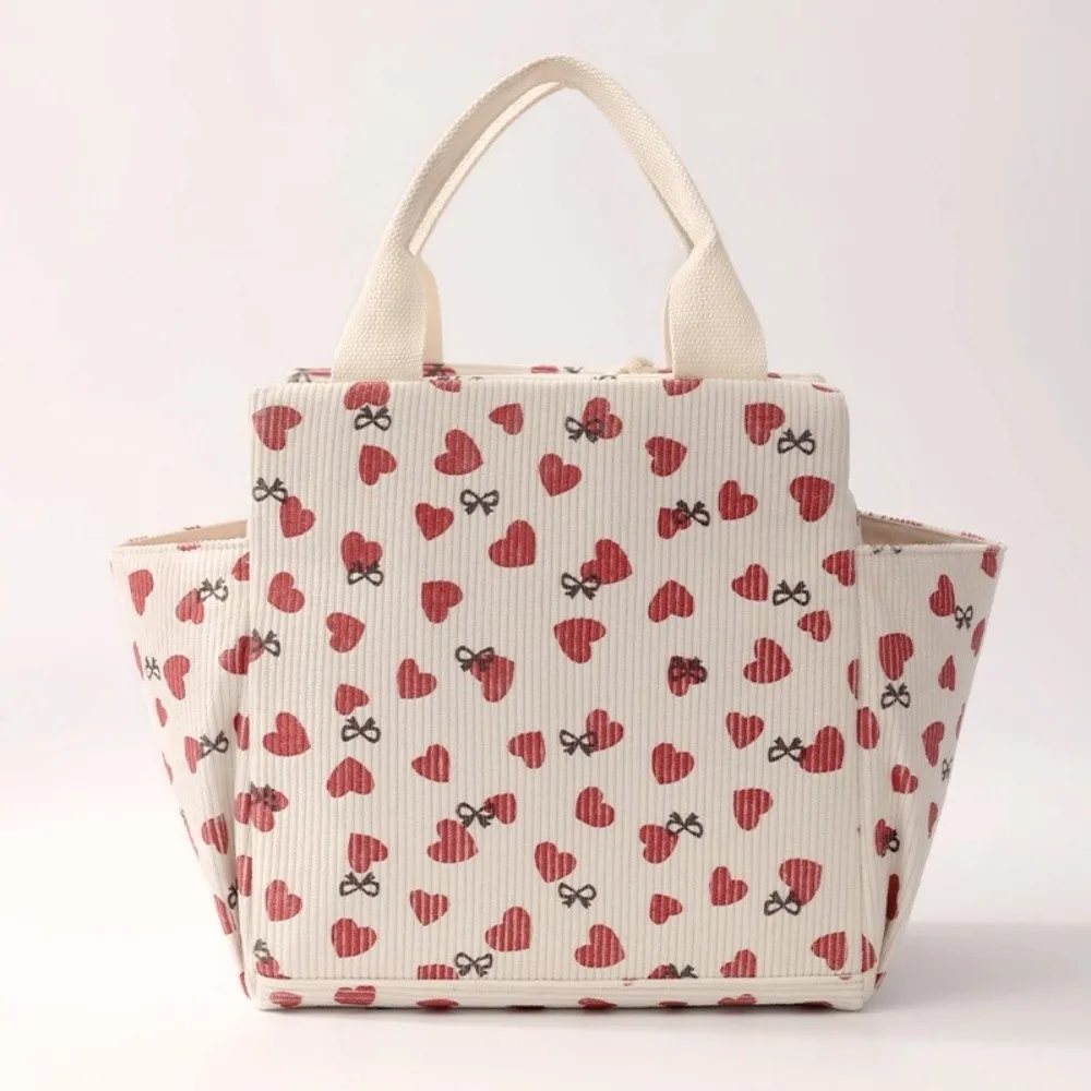 Cooler Tote Large Capacity Corduroy Lunch Bag Heart Thermal Insulation Cooler Bag Portable Picnic Food Pouch Children's Use