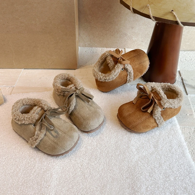 Little Girls Warm-lined Leather Shoes with Cute Bow 2026 New Winter Kids Fur Collar Cotton Boots Non-slip Trendy School Footwear