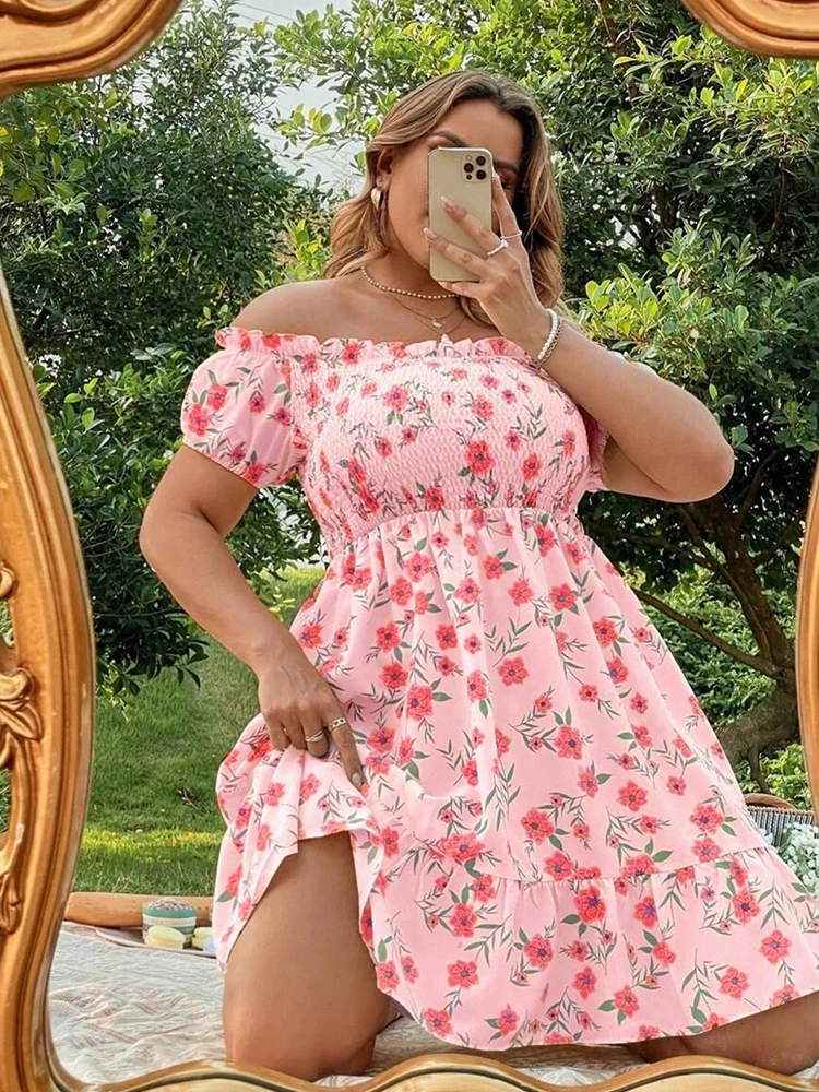 

Ladies Floral Print Dress Vacation Outfits Elegant Elastic Off The Shoulder Summer Dress Plus Size Cute and Short Sexy Dresses