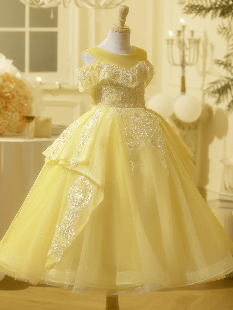 Real Picture Original Design Yellow GIrl Birthday Party Occasio Dresses Off Shoulder Applique Children Wedding Formal Dress 2025