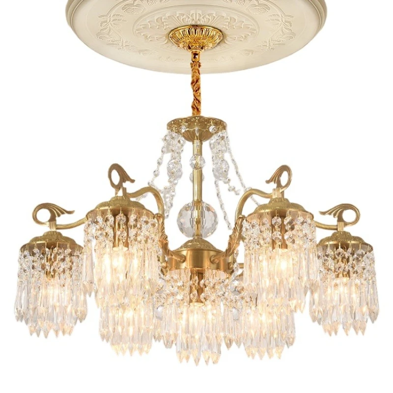 

French villa light luxury crystal chandelier, all-copper retro living room dining room bedroom lighting