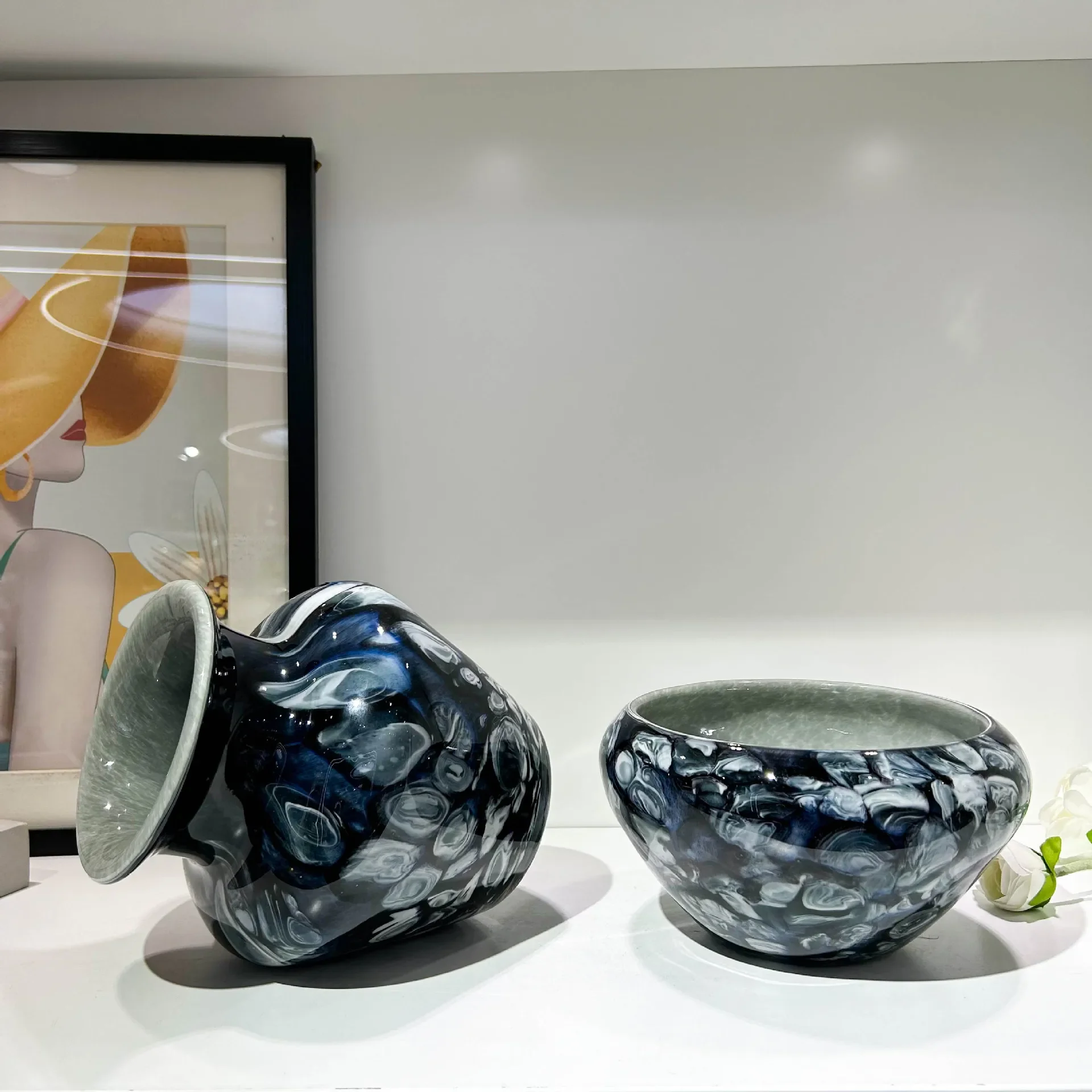 *Yd^ Blue Glazed Handcrafted Vase Glass Vase Hydroponics Terrarium Irregular Water Ripples Flowerpot Home Decoration Accessories