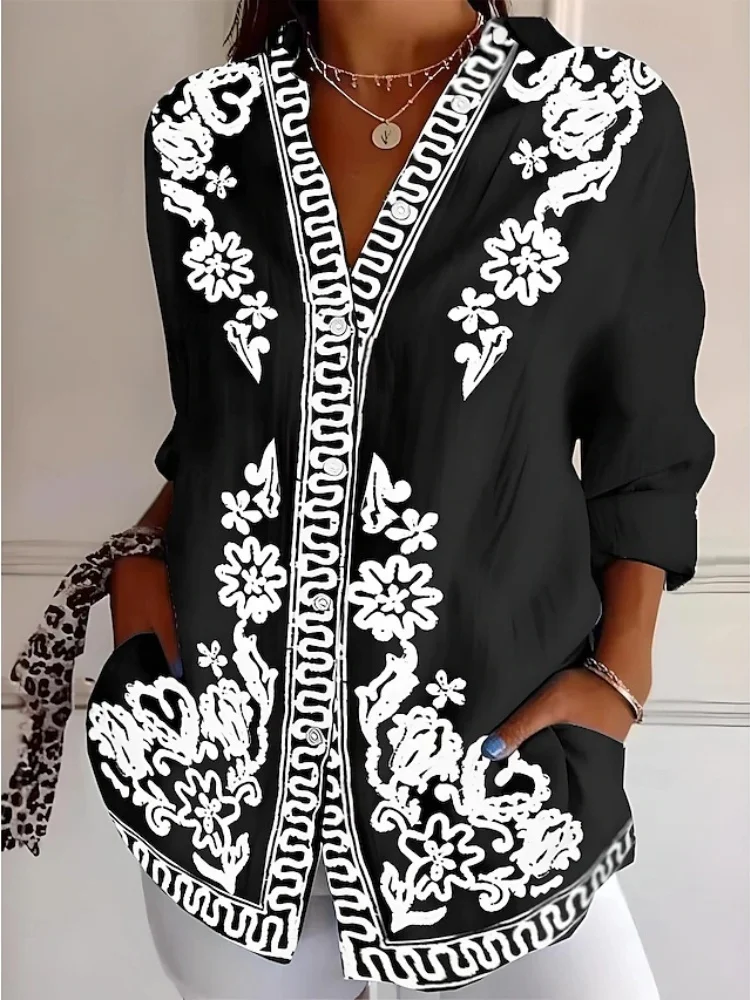 Modisches Damen-Hemd mit 3D-Blumendruck, lockere Passform, bequemes, atmungsaktives Hemd mit Kragen, lässiges Outdoor-Streetwear-Hemdoberteil