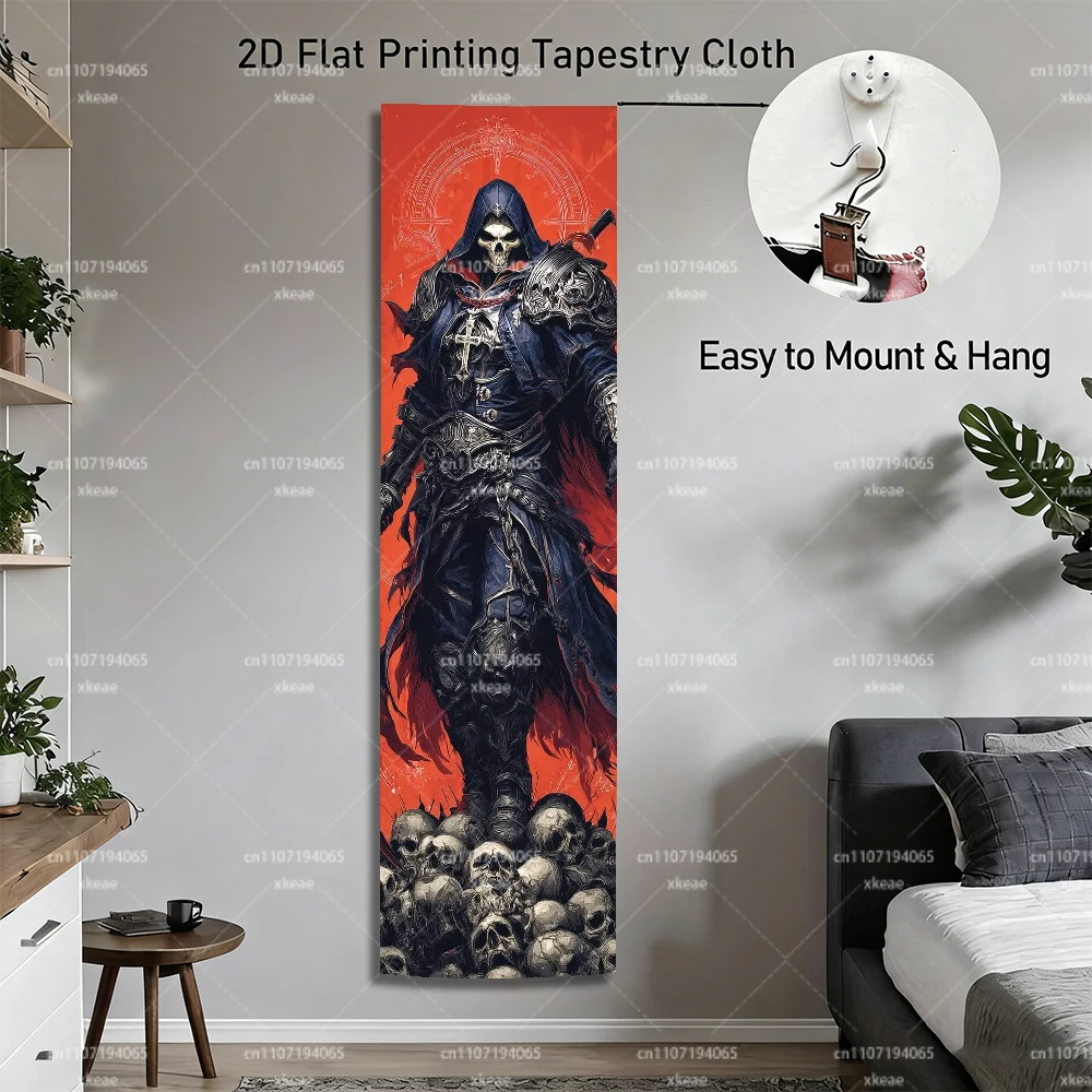 Gothic Skull Knight Long Vertical Large Tapestry, Red Black Aesthetic Large Wall Tapestry, Room Decoration Items for Bedroom Dor