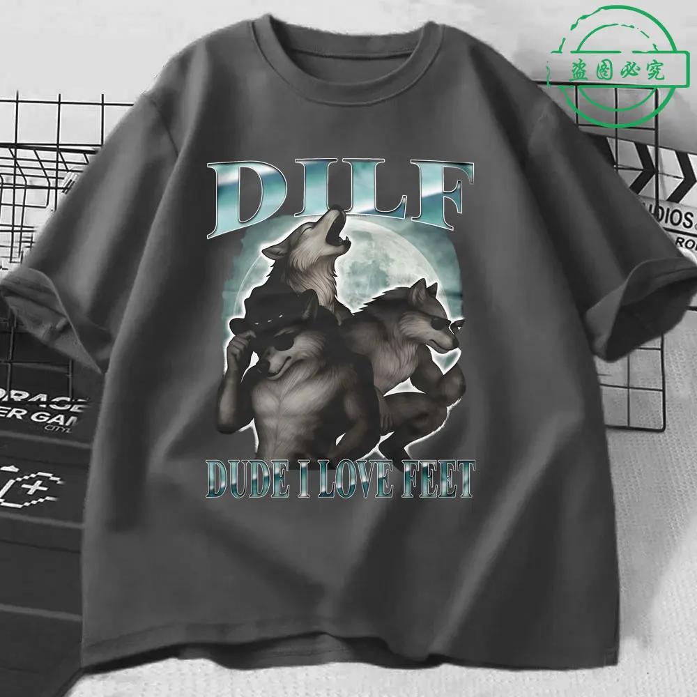 Dilf المتأنق أنا أحب أقدام مضحك الذئب ميمي تي شيرت الرجال النساء الملابس عادية القطن موضة Harajuku المتضخم تي شيرتات قصيرة الاكمام