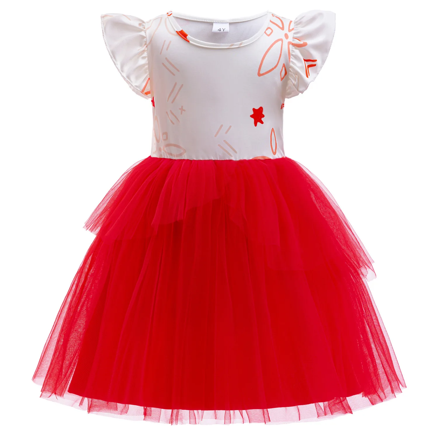 

Moana 2 Cosplay Dress Girls Red Lace Flutter Sleeve Dress Girl Performance Clothing Little Girls Birthday Party Dresses 3-7Y