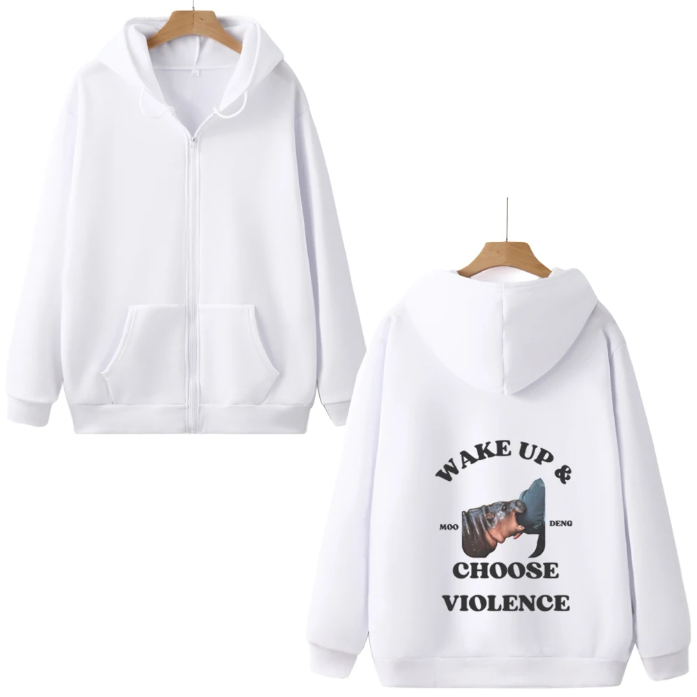 Wake Up Moo Deng Hippo Zip Hoodie Text Graphic Printed Sweatshirts Retro Cute Clothing Gifts For Friends