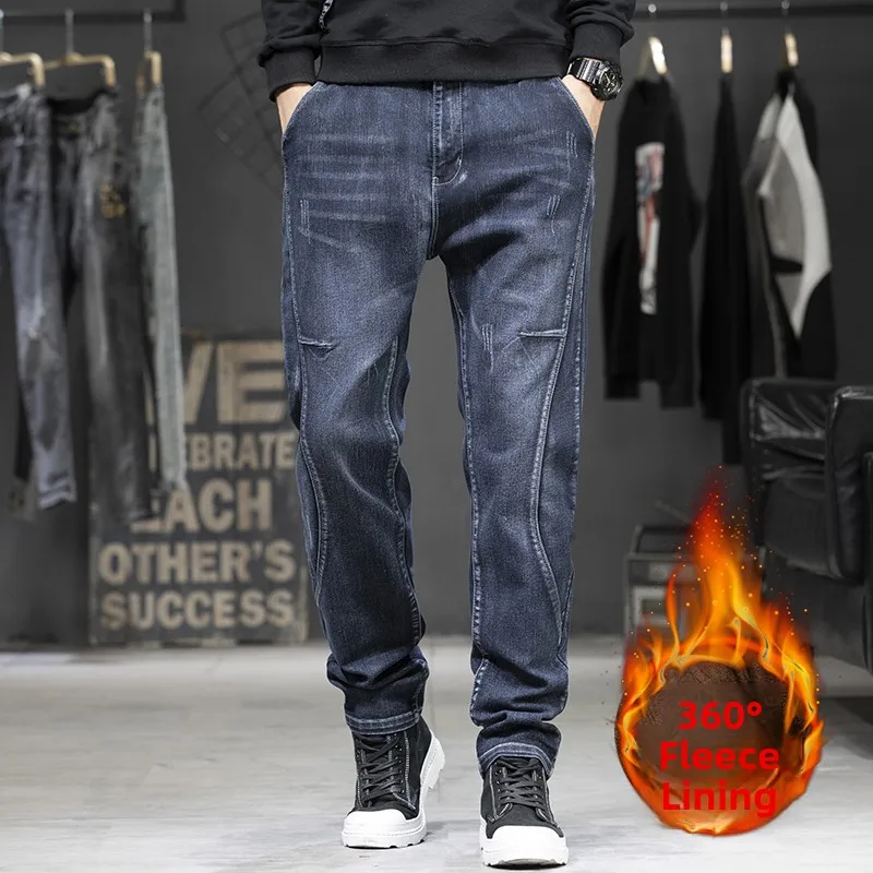 

Мужские джинсовые джинсы на подкладке Fce, свободный крой, зимние модные прямые длинные брюки, длинные брюки со средней талией, на молнии, из смеси хлопка