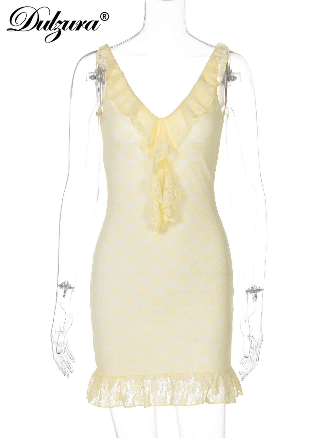 Dulzura Sleeveless Backless Bodycon Lace Patchwork Ruffles Cami Mini Dress Solid Sexy Elegant Short Dress Party Club Streetwear