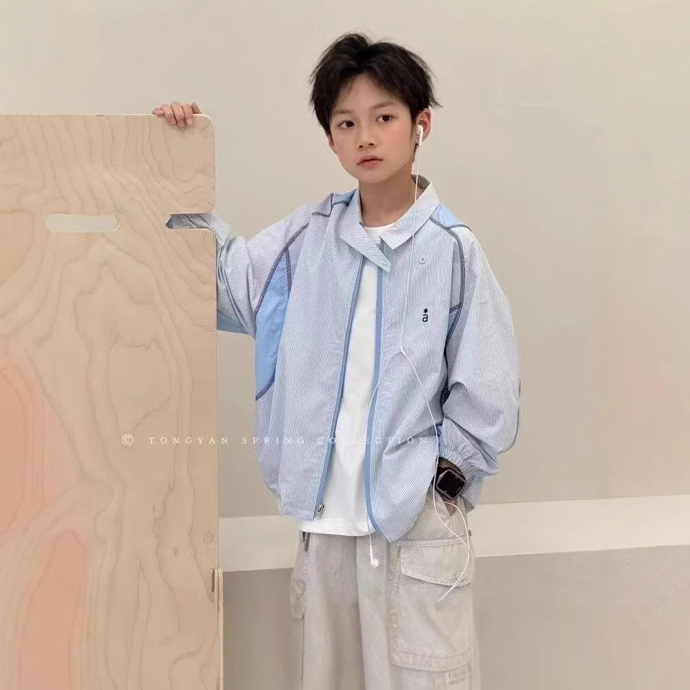 

2025 Boys' Shirts Fall Jackets Teen Handsome Tops Blue Striped Lapel Shirts