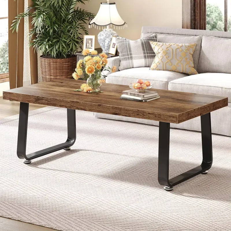Modern Rectangular Solid Wood Center Table with Steel Legs Portable Coffee Table for Living Room Furniture