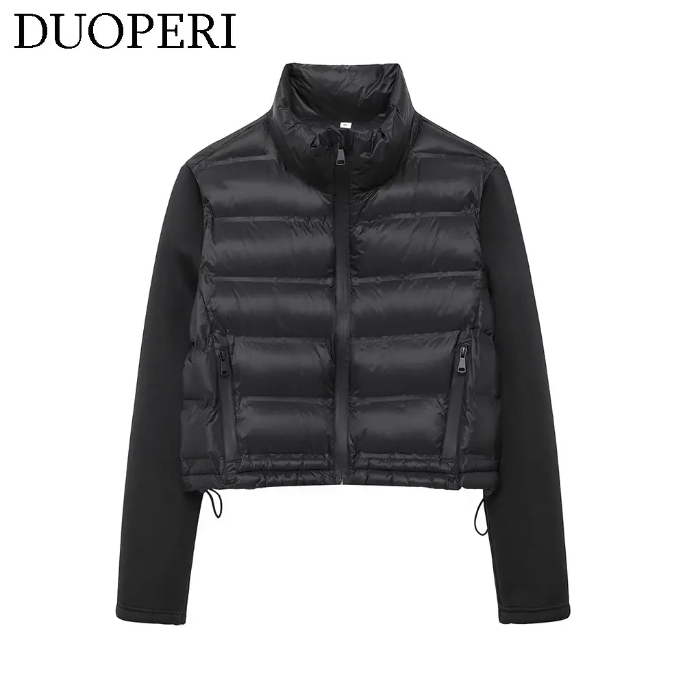 DUOPERI Women Winter Black Patchwork Warm Jacket High Collar Long Sleeves Female Chic Lady Casual Outfits