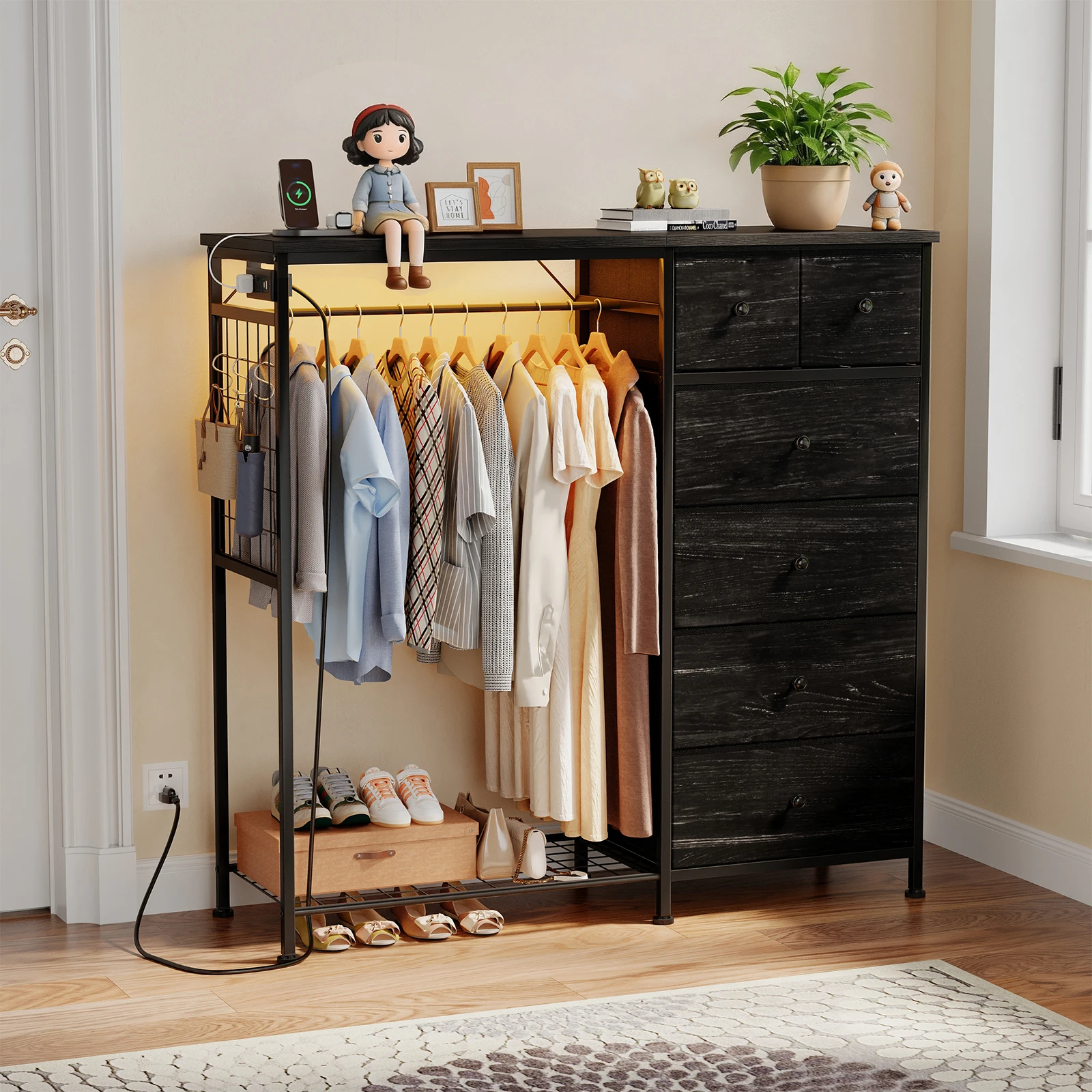 dresser with drawers and hanging rack overview