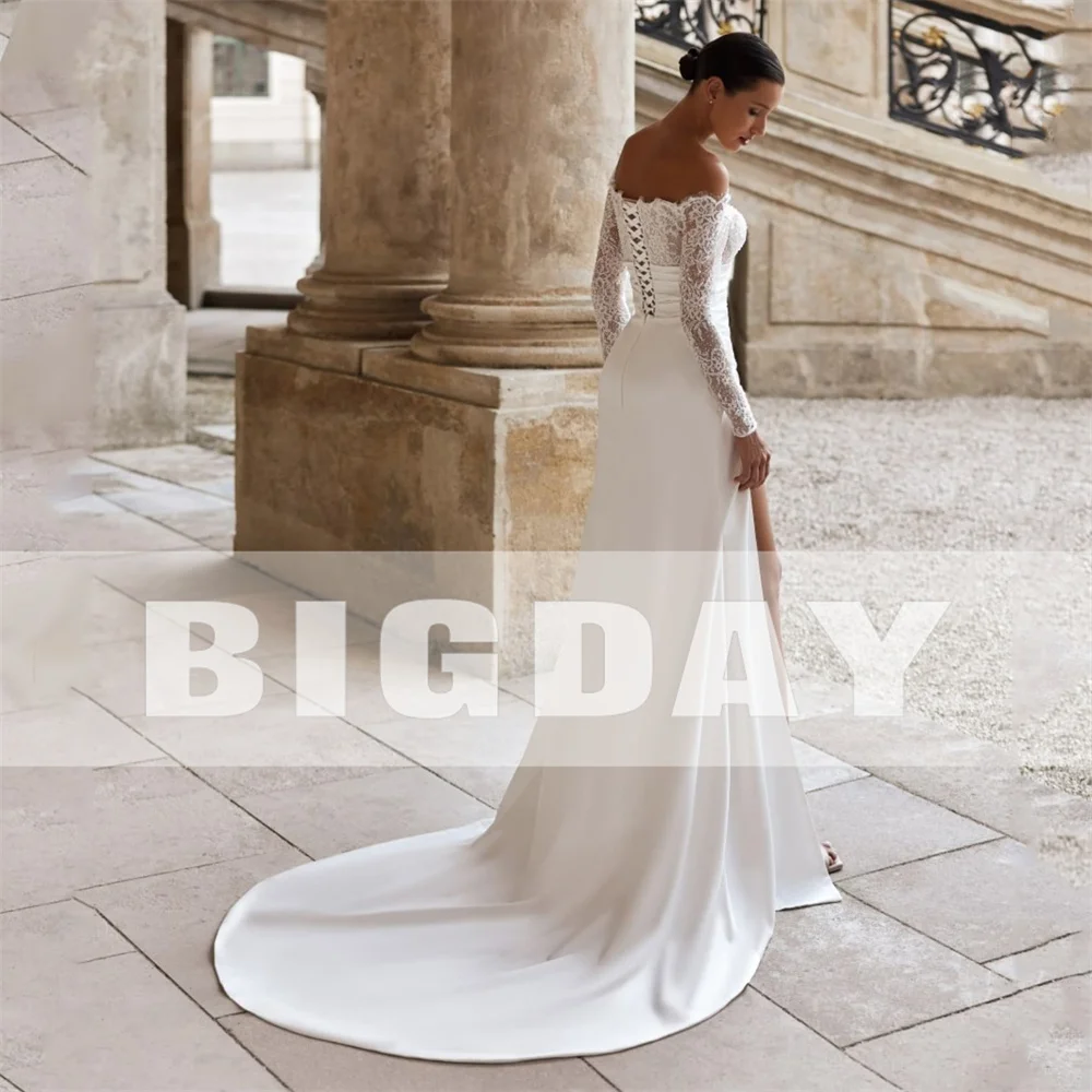 فستان زفاف أنيق من الدانتيل بأكمام طويلة حورية البحر ورقبة على شكل حرف v قبالة الكتف ورباط علوي فستان زفاف فيستدو دي نويفا مخصص