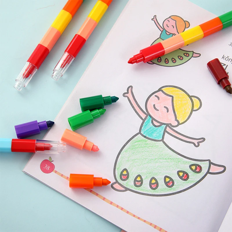 12ดินสอสีสร้างสรรค์บล็อกตัวต่อ Crayon น่ารัก Kawaii ปากกาวาดลายเส้นสำหรับภาพวาดเด็กเครื่องเขียนสแควร์ Crayon น้ำมันพาสเทล