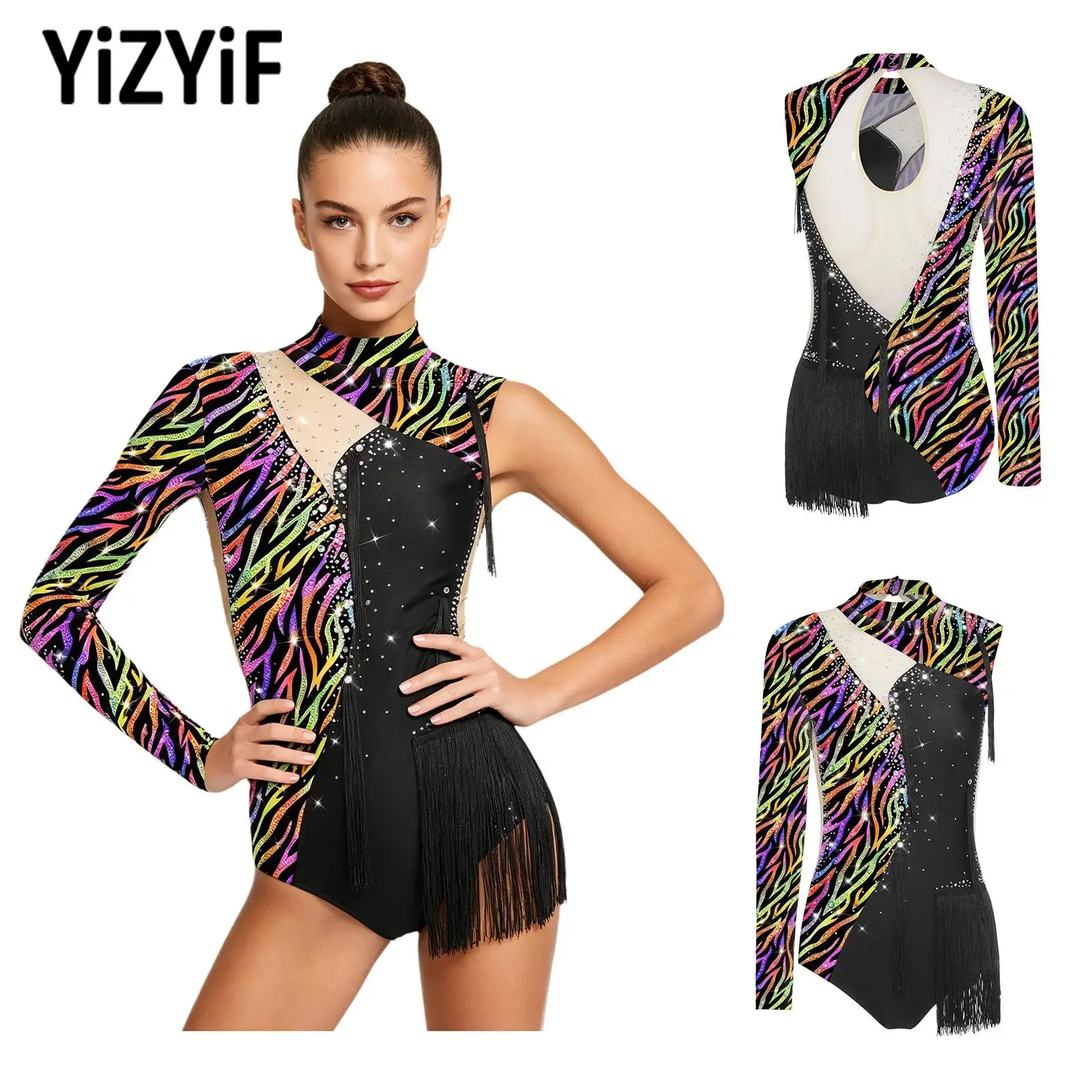 

Women Gymnastics Latin Dance Bodysuit Single Long Sleeve Rhinestones Tassel Leotard Sparkly Stretchy for Gymnastics Stage
